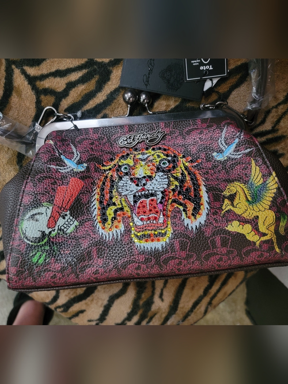 Ed Hardy Embroidered Pink Tiger Rhinestone Frame Crossbody Bag New!